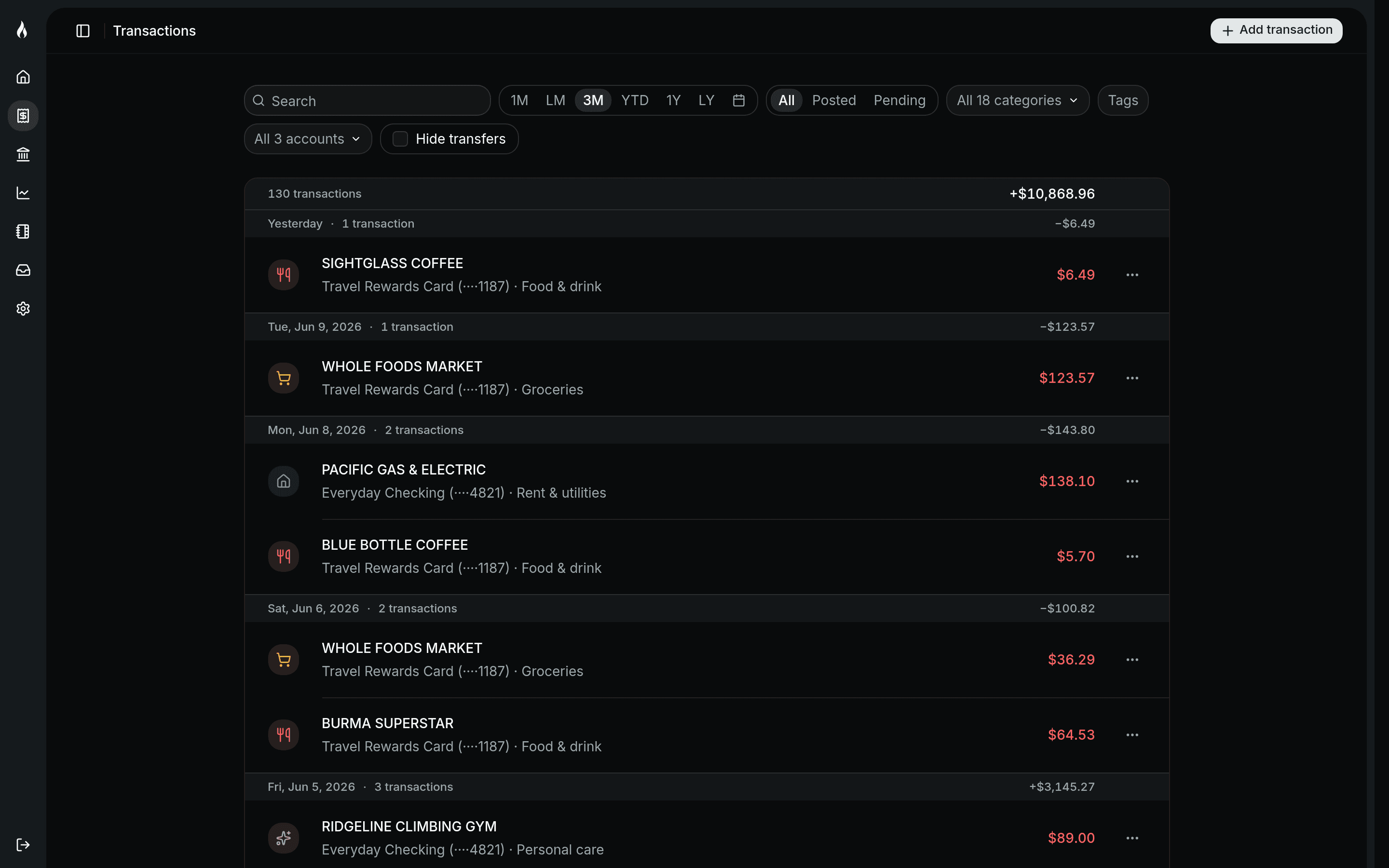 Stoke Money transactions list on desktop with categorized transactions and date groups